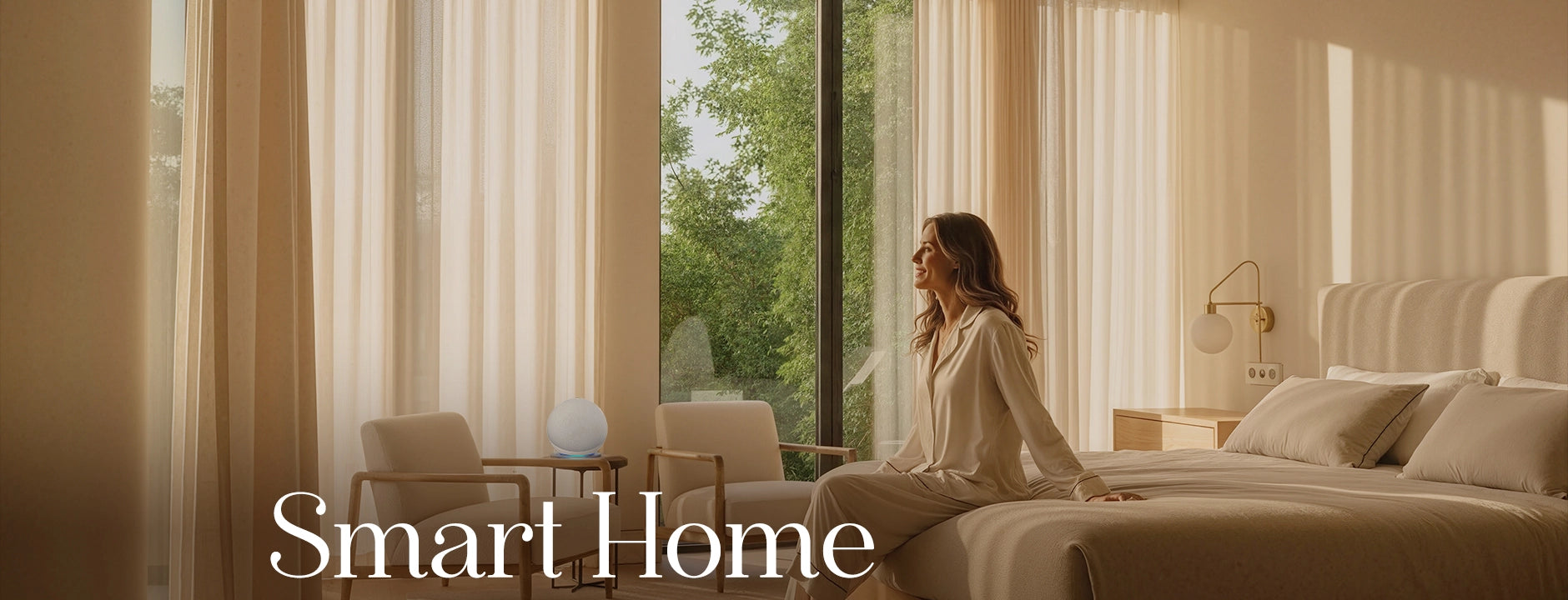 Woman sitting on a bed in a modern bedroom with large windows, 'Smart Home' text overlay.
