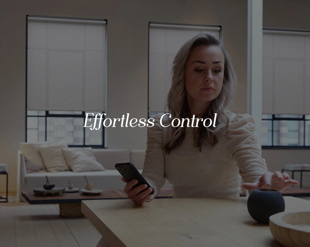 A woman controls smart shades through echo and with text "effortless control" displayed