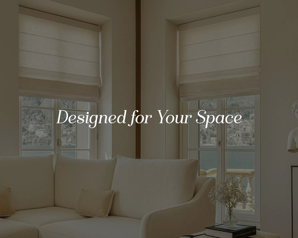 Living room with beige sofa and large windows, text 'Designed for Your Space'.