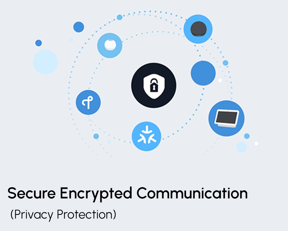 Icon of a lock with surrounding network-like elements on a light blue background, labeled 'Secure Encrypted Communication'.