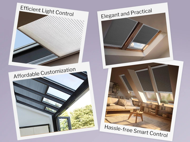 Collage of skylight blinds with features on a purple background