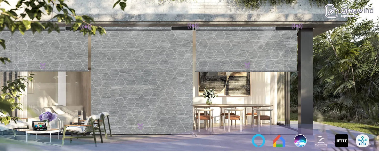 Outdoor patio area with outdoor shades and furniture.