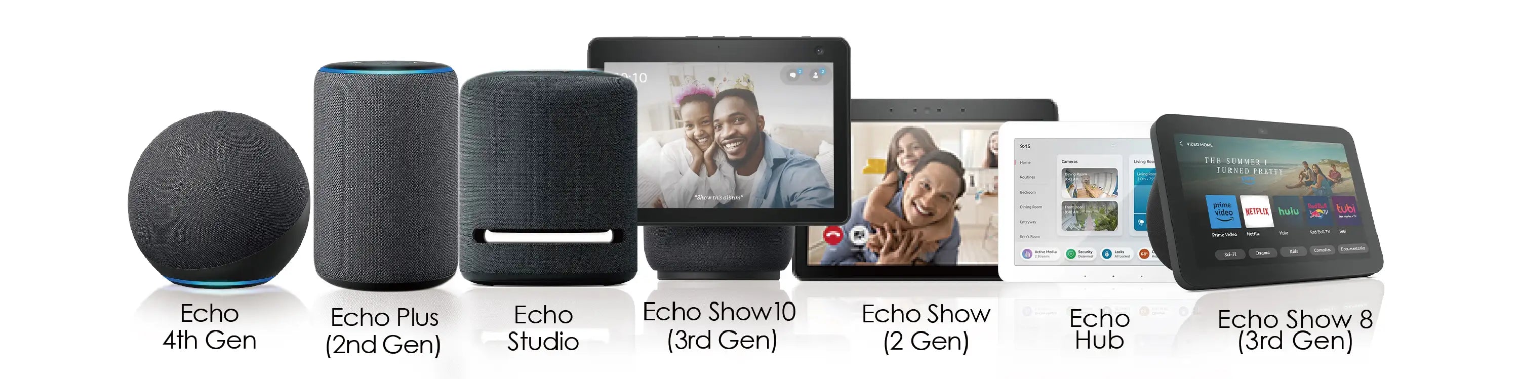 Various Amazon Echo devices displayed on a white background