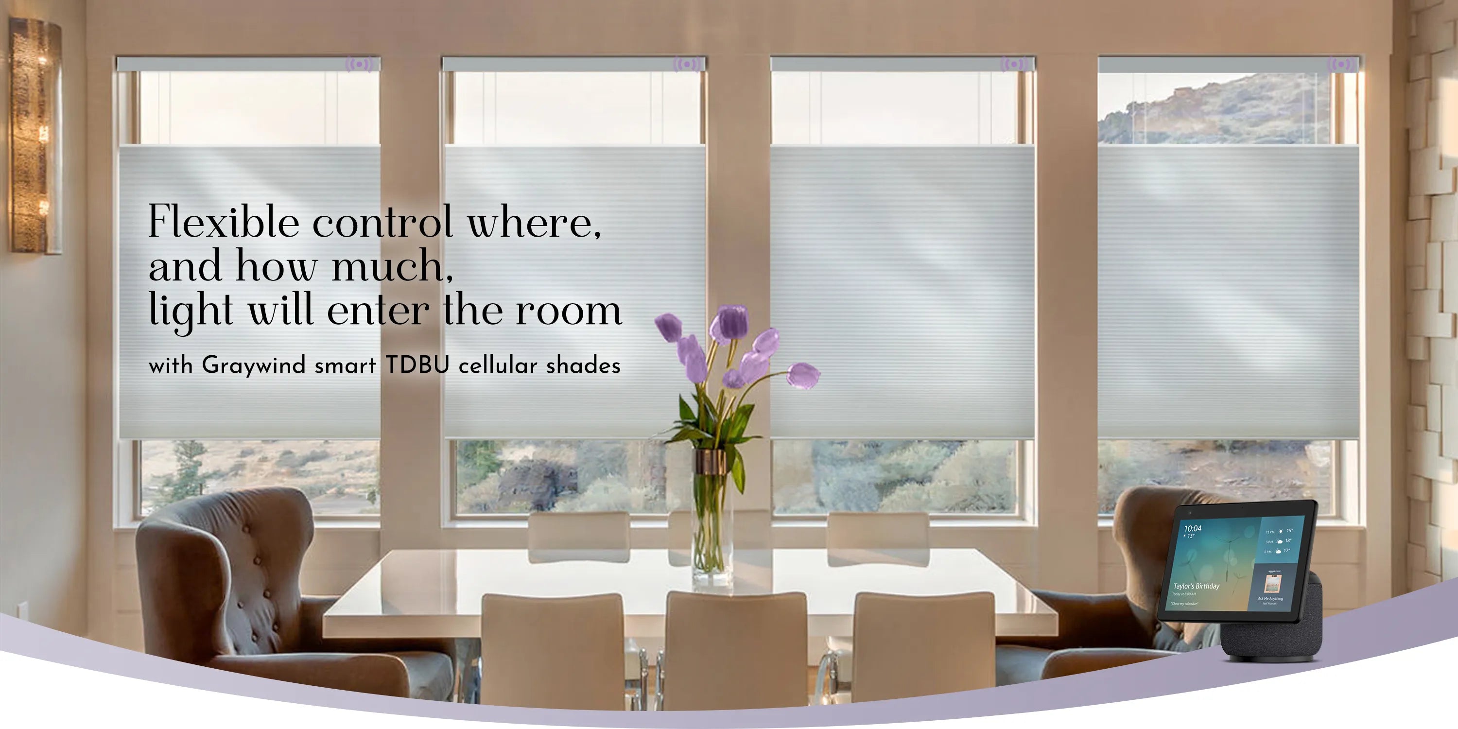 Modern office interior with a table and chairs, featuring Graywind smart TDBU cellular shades.