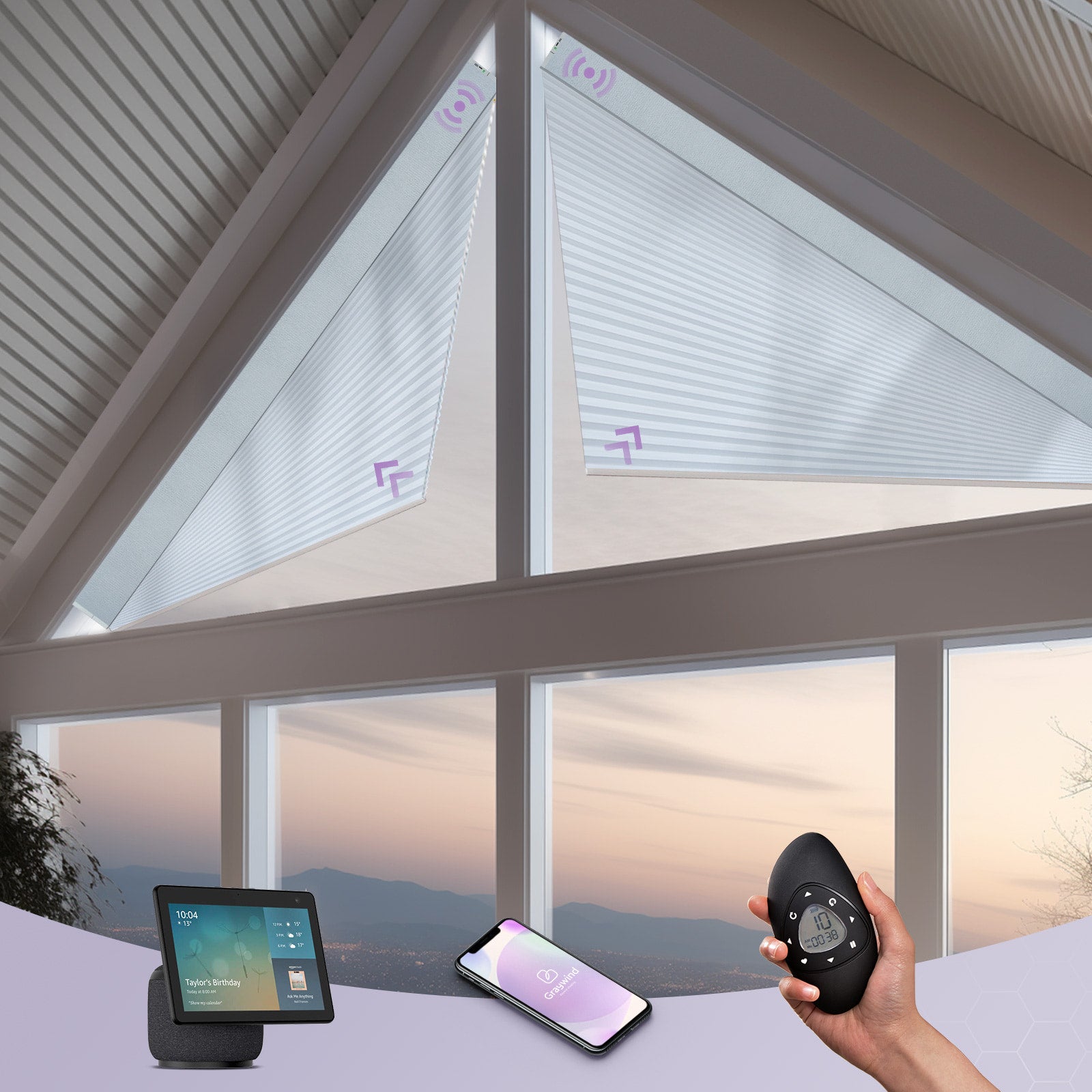Smart home control system with tablet, smartphone, and remote control in front of a window view.