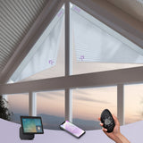 Smart home control system with tablet, smartphone, and remote control in front of a window view.