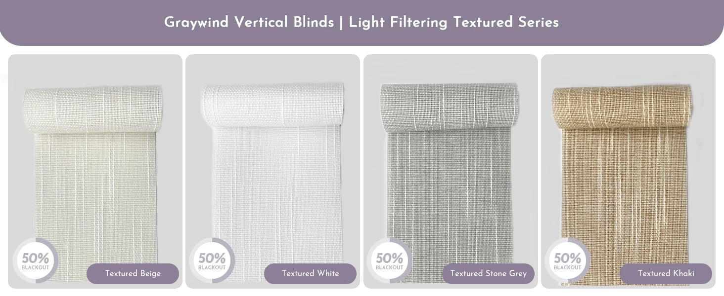 Fabric swatches for vertical blinds light filtering texture series.