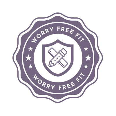 Circular logo with 'Worry Free Fit' text and a shield icon on a white background