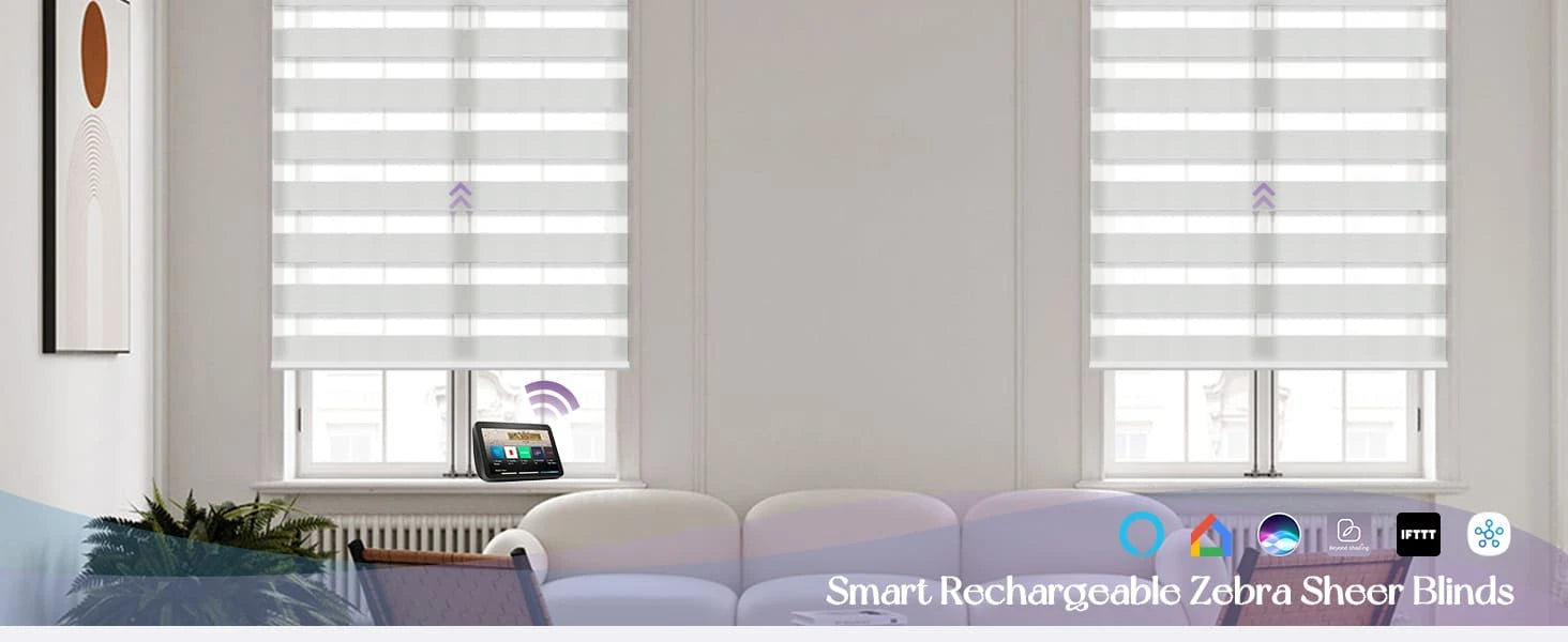 Smart rechargeable zebra sheer blinds in a living room setting with a couch and window.
