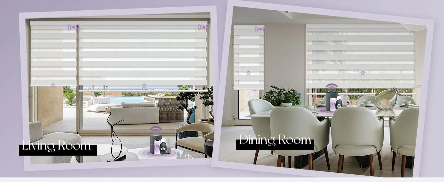Two views of a modern living room and dining room with zebra blinds.