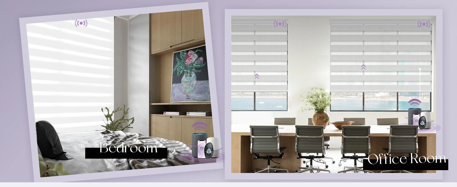 Two views of a modern office and bedroom with zebra blinds.