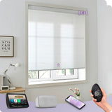 Smart window blind control system with remote control, tablet, and smartphone in a room setting.